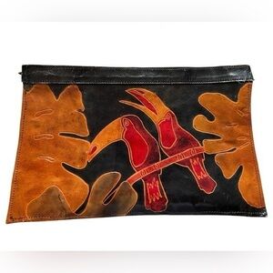 Vintage India toucan leather clutch purse